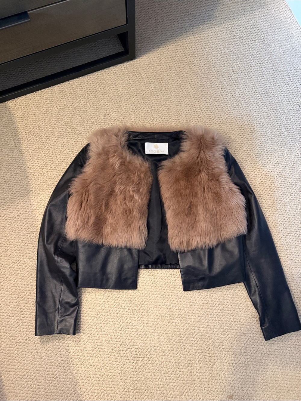 Ramy Brook Black Leather Cropped Jacket with Brown Fur Front